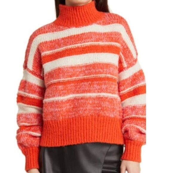 Vero Moda Kamma Variegated Stripe Mock Neck‎ Sweater Small Tangerine Tango Deta - Picture 1 of 8